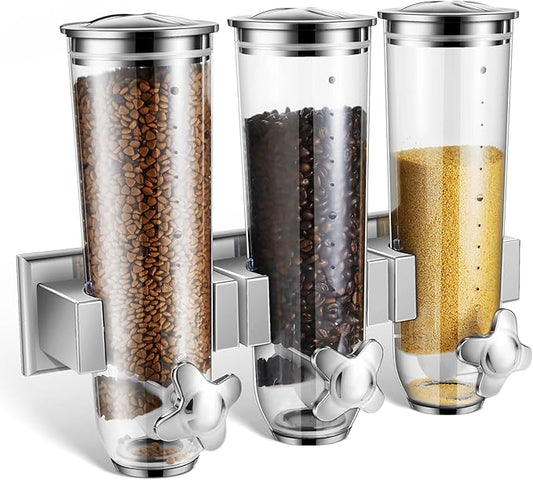 Umigy 1 Pcs Candy Dispenser Wall Mounted, Triple Dry Cereal Grain Dispenser Machine Wall Mount, Food Storage Container for Pantry Snack with 3 Cup for Kitchen, 39 oz (Silver)