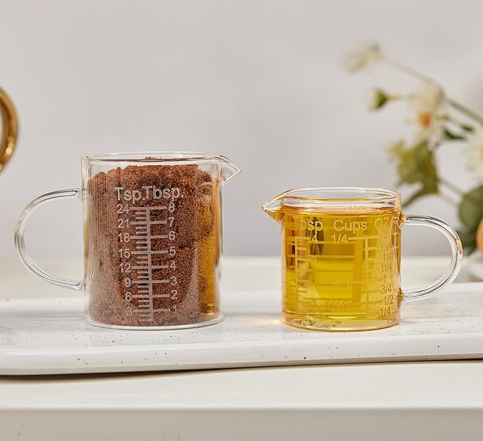 Ackers Etching Scale Measuring Glass -[Insulated handle | V-Shaped Spout]-Made of High Borosilicate Glass Measuring for Kitchen or Restaurant, Easy to Read, 60 ML (2 Oz) 丨(2 Pack)