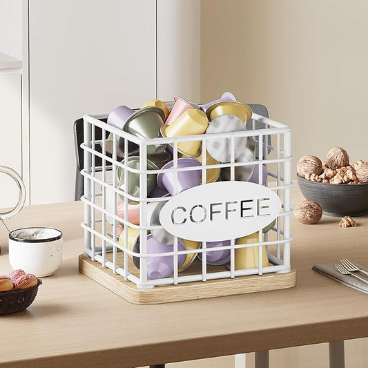 Coffee Pod Holder Organizer, Large Capacity Coffee Pod Basket for K Cup, Coffee Capsule Storage Basket with Wooden Base, Space Saving, for Kitchen Countertop, White and Natural KH10WN
