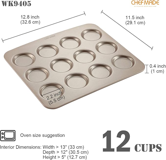 CHEFMADE Whoopie Cake Pan, 12-Cavity 2.2" Diameter Non-Stick Muffin Pan Whoopie Cookie Biscuit Bakeware for Oven Baking (Champagne Gold)
