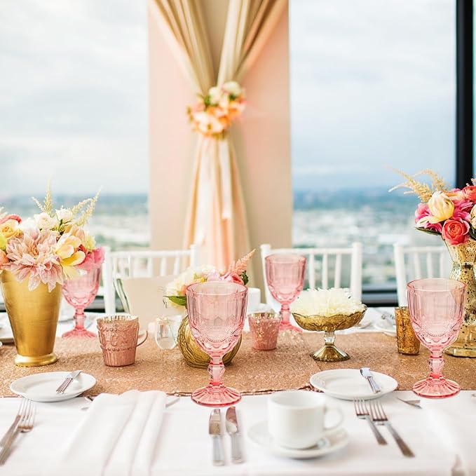 24 Pcs Vintage Wine Glasses, 10 Ounces Colored Glass Water Goblets, Unique Embossed Pattern High Clear Stemmed Glassware Wedding Party Bar Glass Drinking Cups, Floral Pink Glasses Set of 24