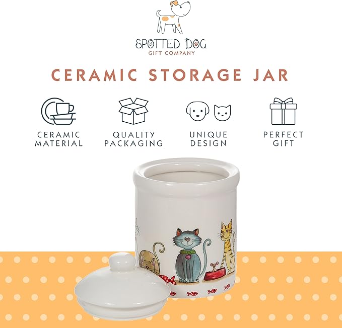 SPOTTED DOG GIFT COMPANY Ceramic Jar with Lid for Countertop, Decorative Cat Food Storage Kitchen Canister for Coffee Tea Sugar, Novelty Treat Container, Gifts for Cat Lovers Pet Owners 35oz