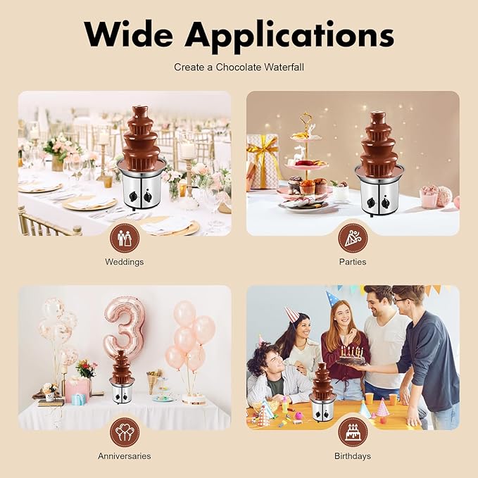 4 Tier Chocolate Fountian Electric Chocolate Fondue Melting Machine 60-Ounce Stainless Steel Luxury Cheese Cascading Fondue for Parties