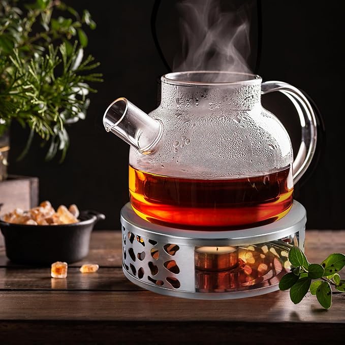 4 PCS Teapot Warmer, Silver Individual Teapot Heater with Tealight Holder, 430 Stainless Steel Tea Pot Warmer Base for Living, Meeting Room