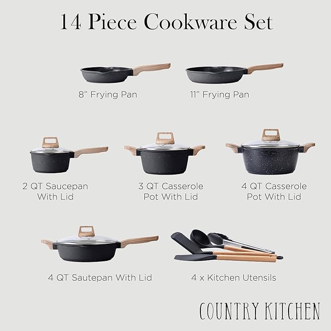 Country Kitchen Pots and Pans Set Nonstick, Cast Aluminum Kitchen Cookware Set with Utensils, 14 Pcs Non Stick Cooking Set w/Frying Pans & Saucepans, Black
