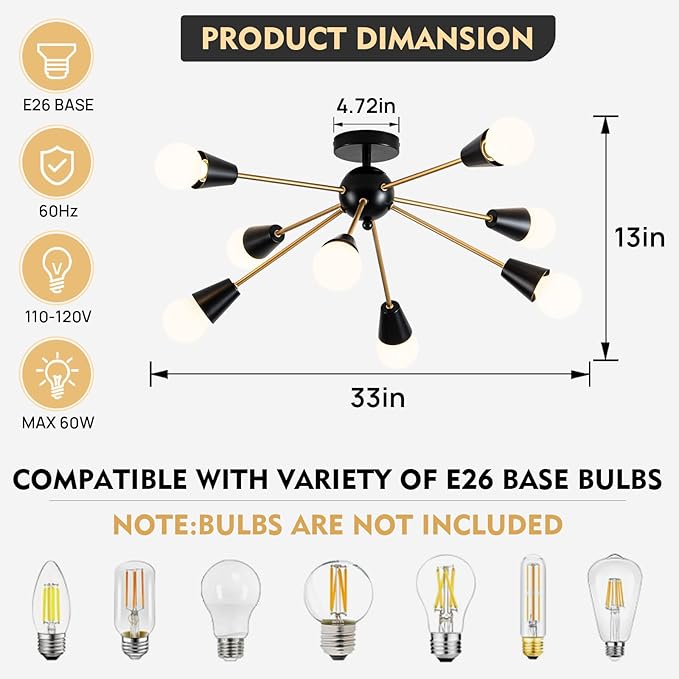 Modern Sputnik Chandelier - 8-Lights Farmhouse Ceiling Lights Fixture Black and Gold Semi Flush Mount Ceiling Light for Living Room Bedroom Hallway Entryway