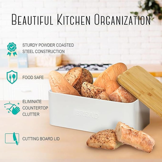 White Bread Box for Kitchen Countertop, Small Storage Container with Bamboo Lid, Modern Kitchen Organizer for Sourdough, Buns, and Loaves, Bread Storage with Cutting Board Lid