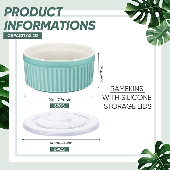 6 Sets Porcelain Ramekins with Lids 8 Oz Oven Safe Creme Brulee Souffle Ramekins with Covers for Oven Stackable Ceramic Bowl with Lid Baking Dishes Cups for Baking(Blue)