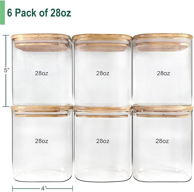 Urban Green Glass Jars with Bamboo Lids, Square Glass Jar with airtight lids, 6 pack of 28oz, Food Storage Containers with bamboo lids, Panty Jars