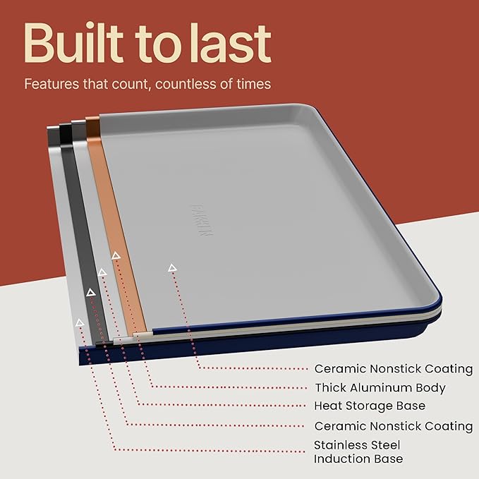 Bakken 8-Piece Stackable Bakeware Set – Ceramic Non-Stick, Oven-Safe Baking Sheets & Pans, PTFE/PFOA/PFOS-Free, Ergonomic Handles, Includes Cooling Rack – Healthy, Non-Toxic Baking Essentials