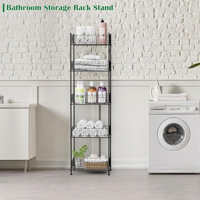 5 Tier Water Bottle Organizer Rack Metal Free Standing Water Storage Rack Beverage Holder Bottled Water Stand for Floor, Space Saver Soda Drink Shelf for Kitchen Living Room, Black