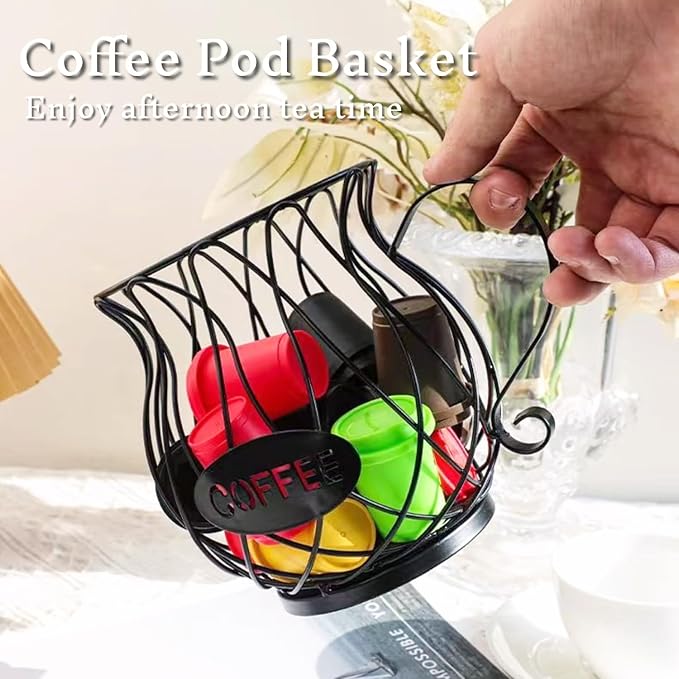 Metal Coffee Pod Holder Wire Coffee Pods Storage Basket Espresso Capsule Storage for Home Kitchen Cafe Hotel (Black teapot)