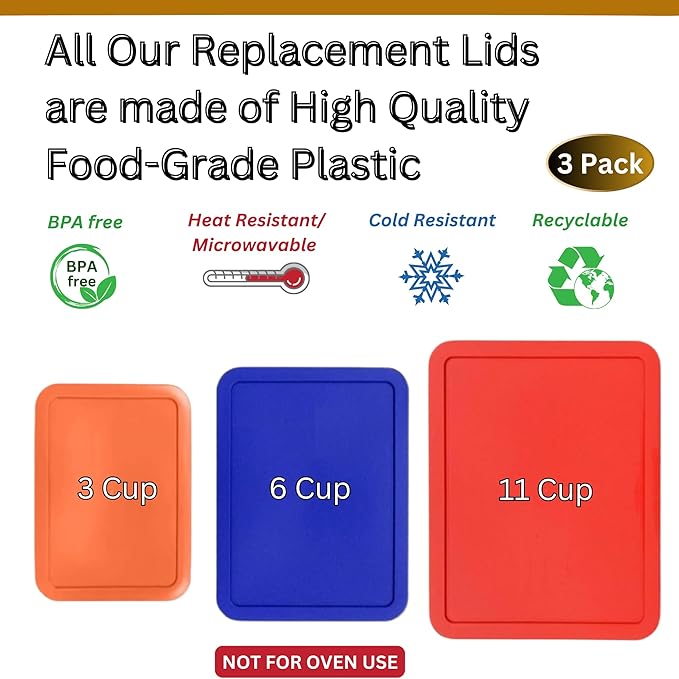 3, 6 & 11 Cup Orange, Blue, Red Replacement Lids/Covers for Pyrex, Anchor Hocking & KlareWare Storage Bowls *Lids Only Glass Container Not Included* (3 Pack *One of Each Size*)