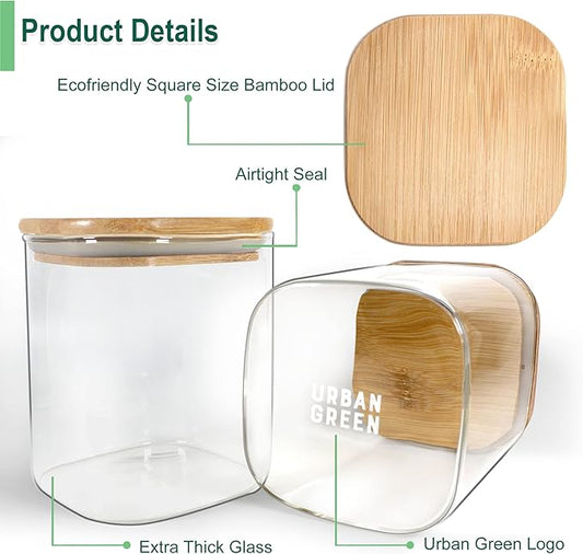 Urban Green Glass Jars with Bamboo Lids, Square Glass Jar with airtight lids, 6 pack of 28oz, Food Storage Containers with bamboo lids, Panty Jars