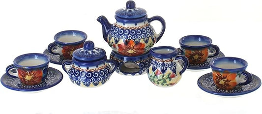 Blue Rose Polish Pottery - Orange Autumn Burst Miniature Tea Set - 1 Set - Polish Pottery Collectible Tea Set with Teapot & Cups, Decorative Gift