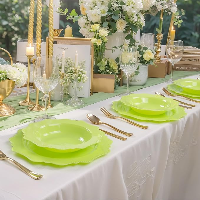COLOSUS 60 Pack Lime Green White Plastic Bowls, 12 oz Disposable Soup Bowls, Premium Plastic Dinner Bowls,Heavy-duty Dessert Salad Bowl for Party, Wedding, Dinner, Christmas,Thanksgiving