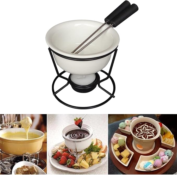 Ceramic Butter Warmers Personal Seafood Fondue Set with Shelf Candle Two Forks, Used for Melted Sauce Keeps Heat, 10 * 9.5cm