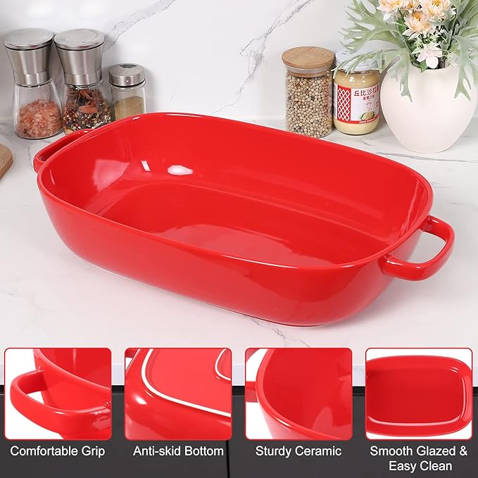 6 Quart Large Rectangular Baking Dish, 16x11 Inches Ceramic Baking Pan Casserole Dish for Cooking,Kitchen and Daily Use, Safe for Oven Microwave Refrigerator Disinfection Cabinet and Dishwasher,Red