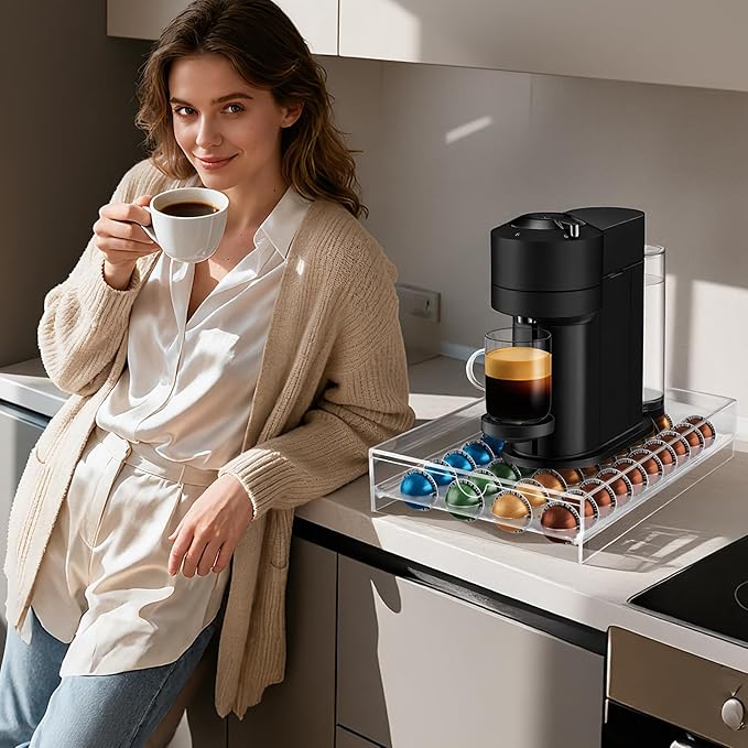 Acrylic Coffee Pod Holder Storage Drawer, Clear 40 Pods Coffee Capsule Organizer for Countertop, Pod Holder for Coffee Pod and Espresso Machines