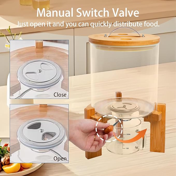 Rice Dispenser, Rice Storage Container, Flour and Cereal Container for Kitchen Organization and Pantry Store, Glass Cereal dispenser with Airtight Lid and Wooden Stand 8L