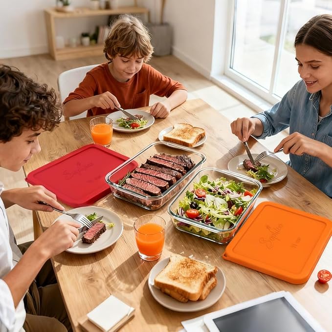 Sophico 11 Cup Rectangle Silicone Storage Cover Lids Replacement for Pyrex 7212-PC Glass Bowls, Container not Included (RED-ORANGE)