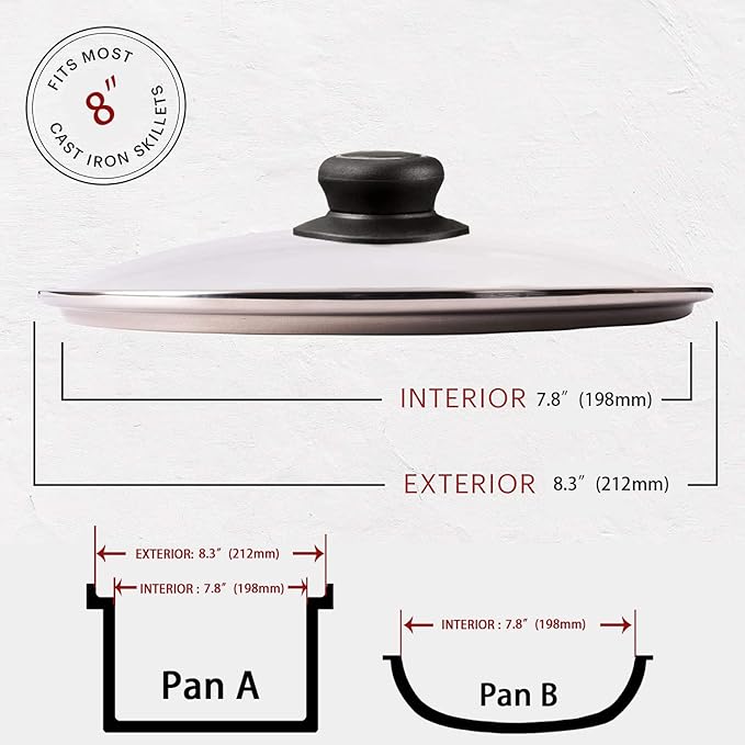 8 Inch Glass Lid for Frying Pan, Fry Pan Lid, Skillet Lid, Pan Lid with Handle, Compatible with Lodge 8 Inch Cast Iron Skillet - Tempered Replacement Cover, 8"/20cm, Clear