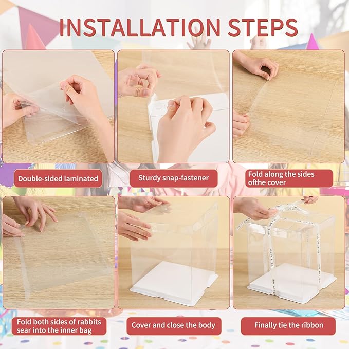 12x12x10inch 6Pcs Tall Cake Boxes Clear cake Box with Ribbon,Pre Folded Lid for 10" and 11" Inch Tall Layer Tiered Cakes and Bakery Display Birthday Wedding Party(Clear Lid, 12*12*10inch/6Pcs)