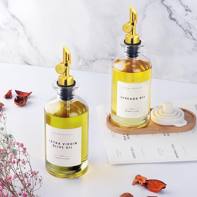 Olive Oil Dispenser Bottle with Bamboo Tray, Metal Pour Spout, Coffee Syrup & Cooking Oil Dispenser for Kitchen