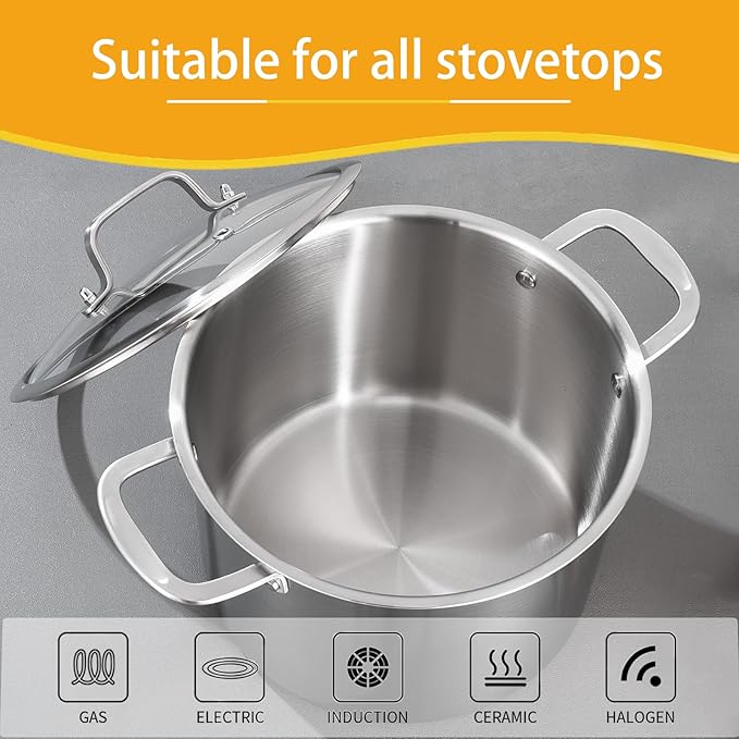 20-QT Stock Pot with Lid, Tri-Ply Stainless Steel for High Heat, Crock for Simmering, Clear Glass Lid, Double Handles, Dishwasher Safe