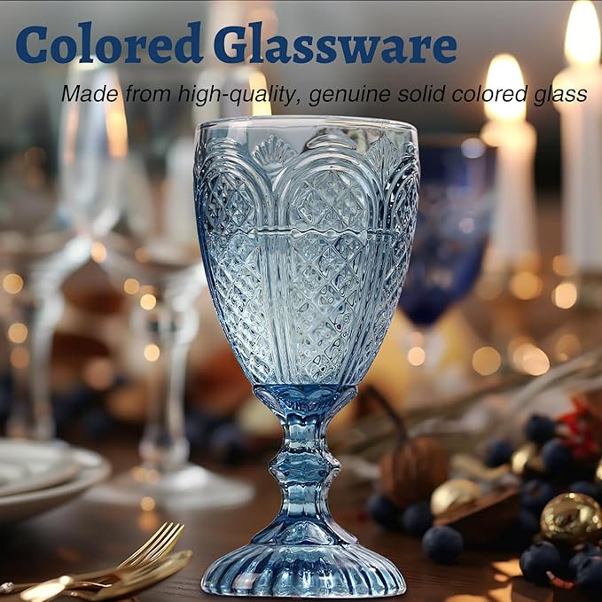 Blue Wine Glasses set of 6,Blue glass goblets made from Solid glass colors, vintage color glassware, drinking glasses for Engagement,Wedding, Birthday 10.5 OZ colored wine glasses