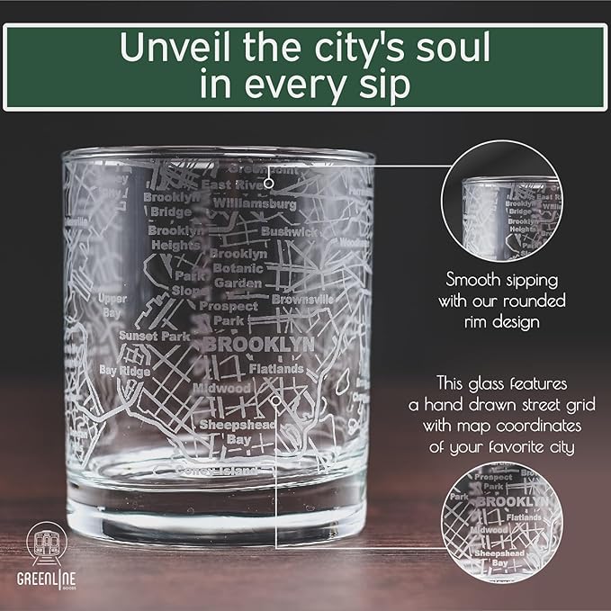 Greenline Goods Whiskey Glasses - 10 Oz Tumbler Gift Set for Brooklyn lovers, Etched with Brooklyn Map | Old Fashioned Rocks Glass - Set of 2