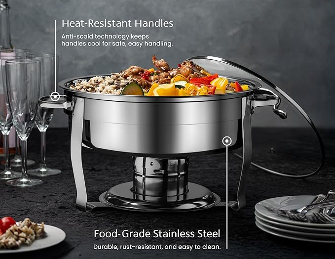 Chafing Dish for Buffet Set, by Kook, Chafing Buffet, Buffet Warmer Tray, Round, Stainless Steel with Glass Viewing Lid and Built-in Lid Holder, for Parties, Dinners and Catering, 4.5 Qt, Set of 3