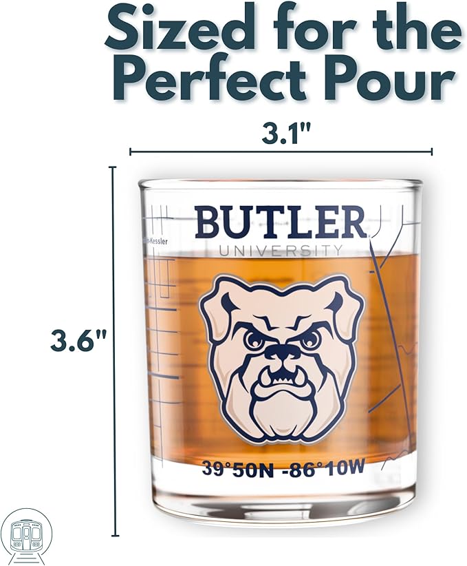 Greenline Goods – University of Butler Bulldogs College Whiskey Glasses (Set of 2), 10 oz – Full-Color Logo + Campus Map