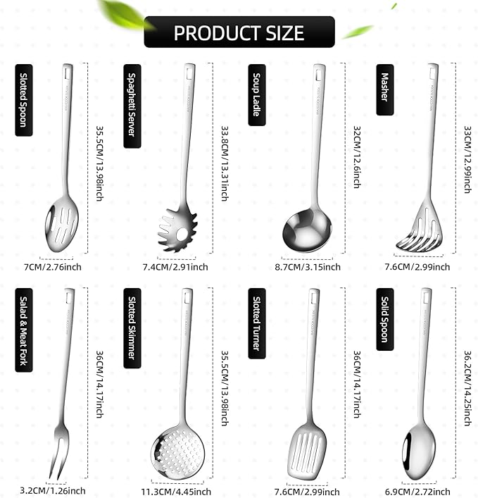 18/8 Stainless Steel Cooking Utensil set, 8 Pieces Metal Kitchen Utensils set, Slotted Spoon,Meat Fork,Ladle,Skimmer Spoon,Spatula,Spaghetti Server,Large Spoon,Masher (Dishwasher Safe, Silver)