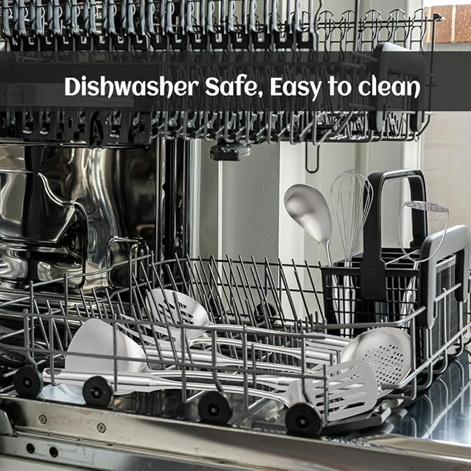 304 Stainless Steel Kitchen Utensils Set, 11PCS Metal Cooking Tools, Masher, Fork, Solid Spoon, Slotted Spoon, Spatula, Whisk, Skimmer, Slotted Spatula Tunner, Soup Ladle, Spaghetti Spoon, Large Ladle