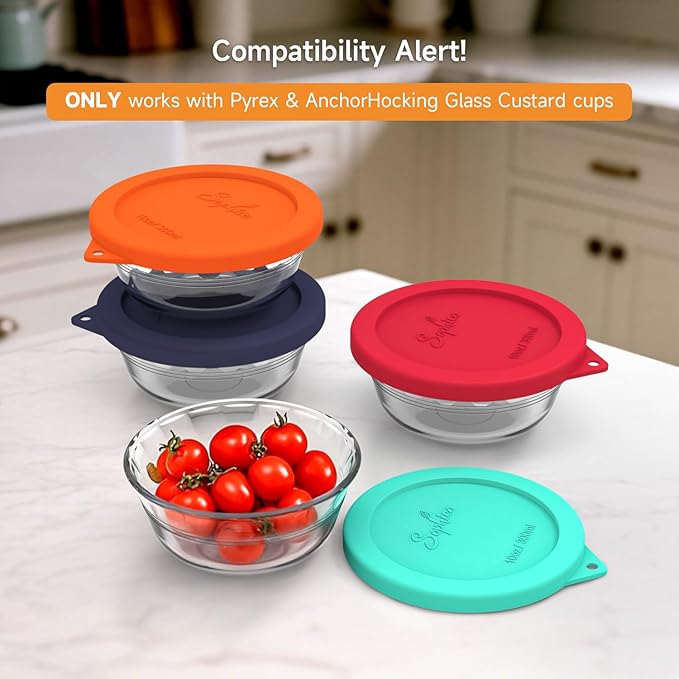 Sophico Silicone Replacement Lids for Pyrex and Anchor Hocking Glass Custard Cups 10oz, Round Silicone Cover for Food Storage (Container not Included)