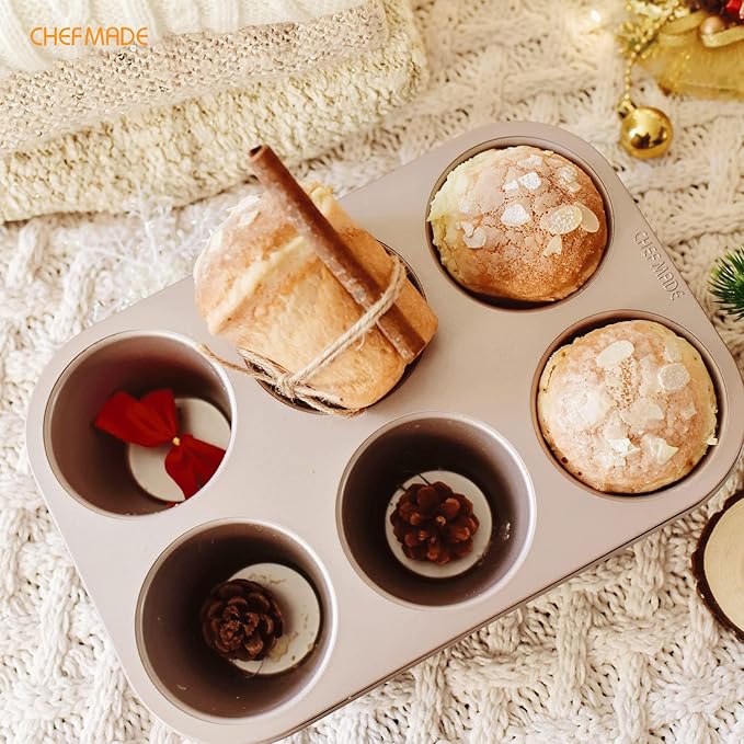 CHEFMADE Muffin Cake Pan, 6-Cavity Non-Stick Jumbo Cupcake Pan Bakeware for Oven Baking (Champagne Gold)