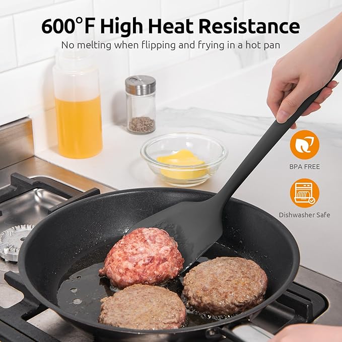600ºF Heat Resistant Silicone Turner: U-Taste 13.6in Solid Kitchen Spatula Flipper, Food Grade Flexible & Thin Rubber Seamless Cooking Utensil for Flipping Egg, Pancake in Nonstick Cookware (Black)