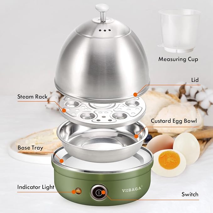 VOBAGA Electric Egg Cooker, Rapid Egg Boiler with Auto Shut Off for Soft, Medium, Hard Boiled, Poached, Steamed Eggs, Vegetables and Dumplings, Stainless Steel Tray with 7-Egg Capacity (Green)