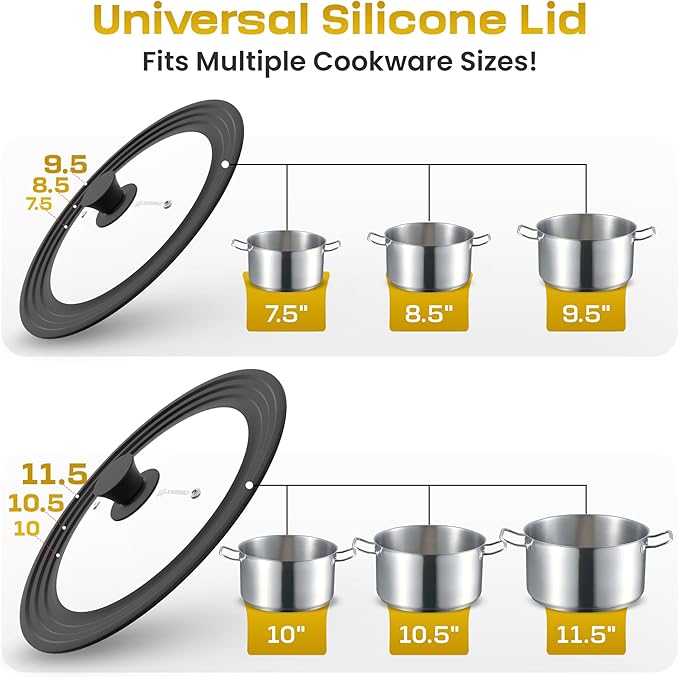 Universal Lid for Pots Pans & Skillet Size 7, 7.5, 8, 8.5, 9, 9.5,10, 10.5,11 & 11.5" Inches Cookware - Tempered Glass Lid with Silicone Rim (Two Pack - Black)