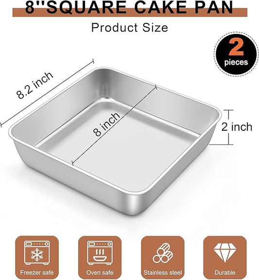 LIANYU 2 Pack 8 x 8 Inch Square Cake Pan, Stainless Steel Baking Lasagna Brownie Bread Pan, Square Bakeware for Birthday Party Wedding, Oven & Dishwasher Safe