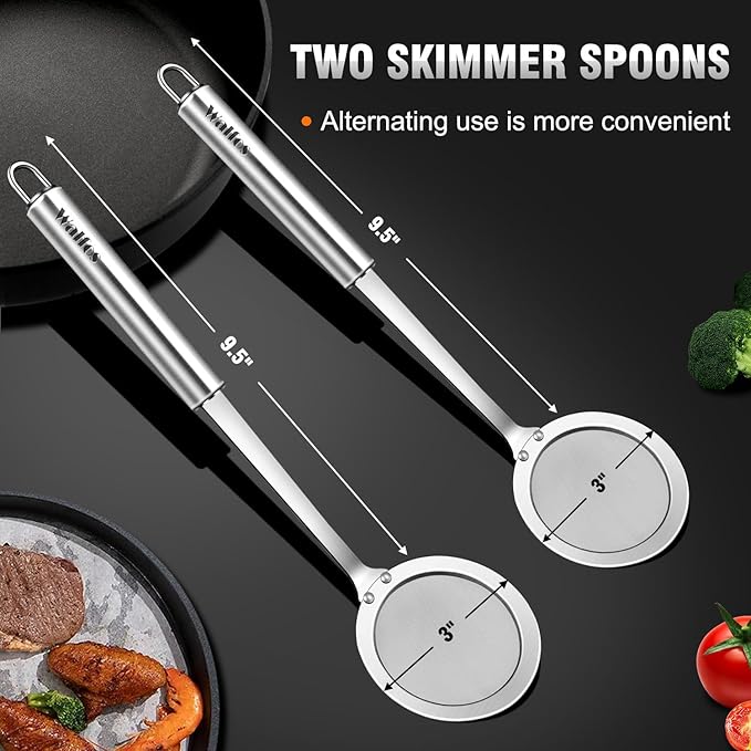 Walfos Skimmer Spoon,304 Stainless Steel Fine Mesh Strainer,Foam Strainer Oil Filter,Ultra Fine Mesh Strainer Perfect For Separation Of The Floating Foam,Fat,Set fo 2