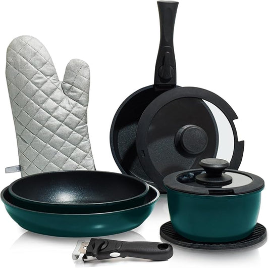 Moss & Stone Aluminum Pots And Pans Set Nonstick, Removable Handle Cookware, Stackable , Dishwasher Safe, Induction Camping Cookware Set. (10 Pieces Blue)