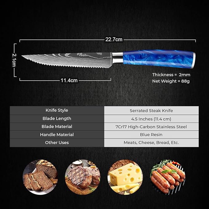 SENKEN Professional Steak Knife Set with Engraved Damascus Pattern, Razor Sharp Blade, High Carbon Stainless Steel with Beautiful Gift Box, Blue & Red Resin Handles