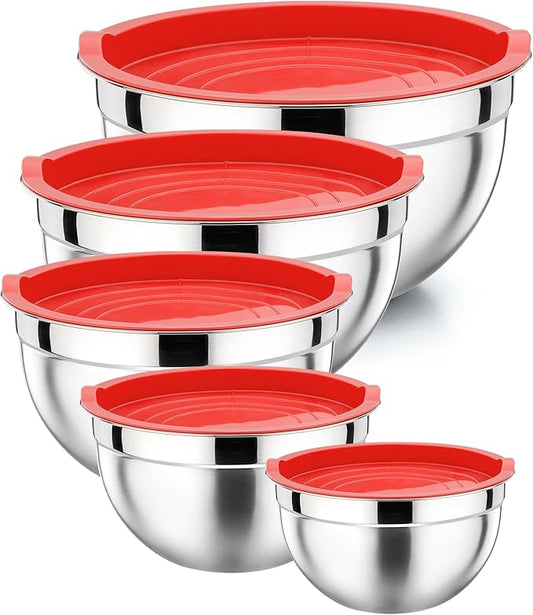 P&P CHEF Mixing Bowls with Airtight Lids Set of 5, 10-Piece Stainless Steel Mixing Nesting Bowl, Metal Bowl with Lid for Kitchen Prepping & Storing, Size 4.6, 3, 1.5, 1, 0.7 QT, Red