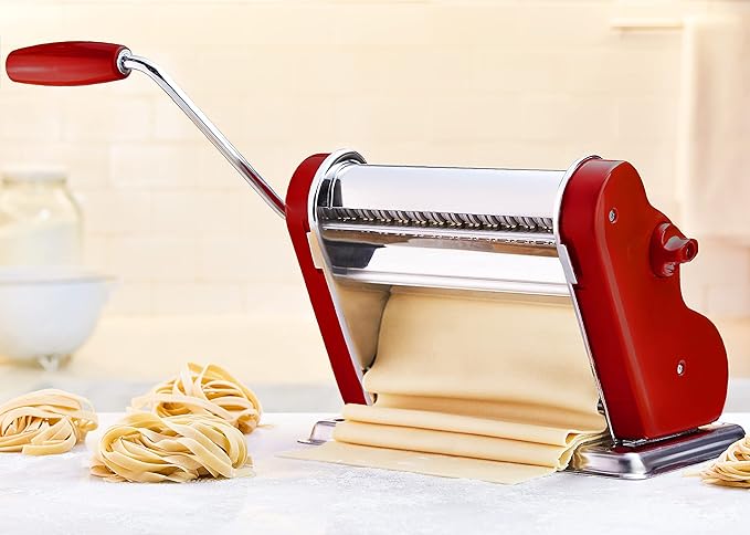 PASTALINDAClassic 200 Pasta Maker Machine, 20 cm Wide Rollers, 9 Thickness Positions, 2 Cutting Positions, Stainless Steel. Includes Reinforced Hand Crank And Two Clamps (Bordeaux)