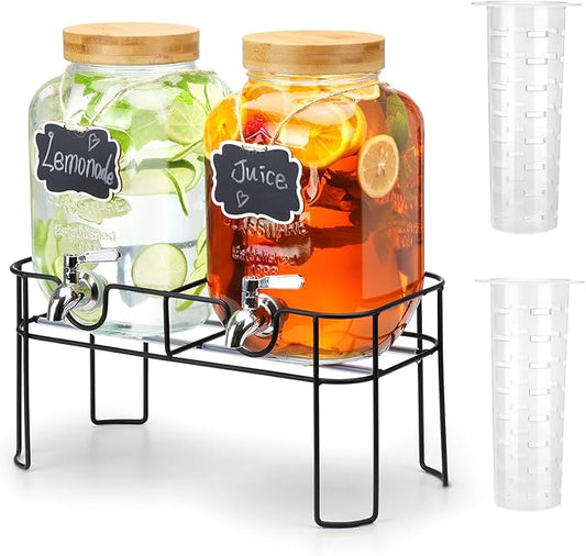 2 Pack 1 Gallon Glass Drink Dispenser with Bamboo Lid, Beverage Dispenser with Stand, Drink Machine for Lemonade, Iced Drinks Kombucha Dispenser