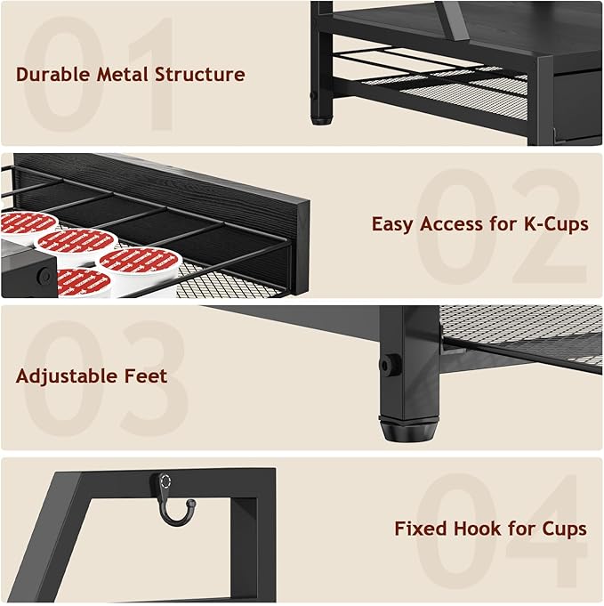 K Cup Holder Drawer - K Cup Storage Organizer, Coffee Pod Drawer with Hooks, Durable Iron-Wood Design, Space-Saving Coffee Station Organizer for Kitchen Counter