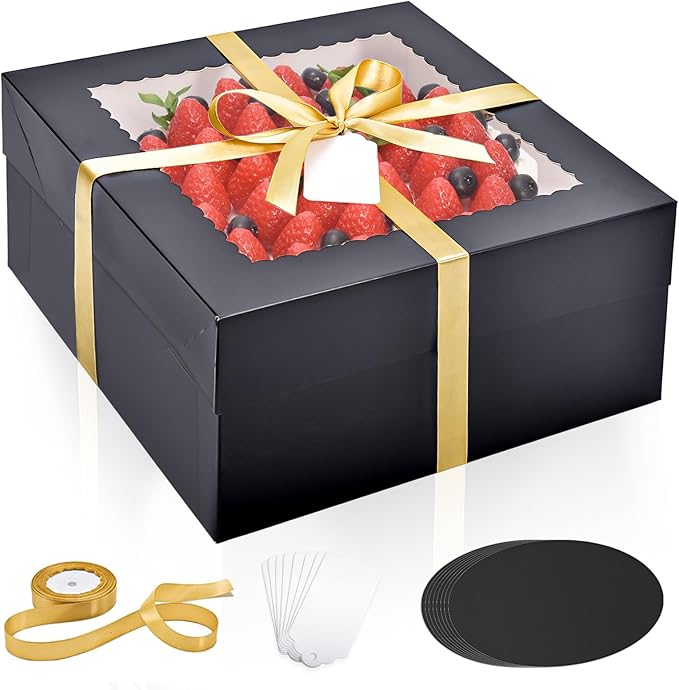 16Pcs 12x12x6 Inch Cake Boxes with Cake Boards (8Pcs Black Cake Boxes, 8Pcs Cake Boards), Bakery Boxes with Window, Cake Carrier Container for Birthday Party, Wedding