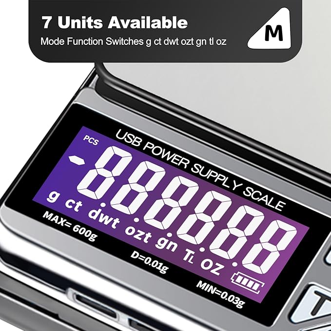 MEIYA Coin Scale, 600g x 0.01g Jewelry Scale with 7 Units & USB Charging, Digital Portable Pocket Gram Scale for Coin Collectors, Jewelers, Gold, Silver Dollar